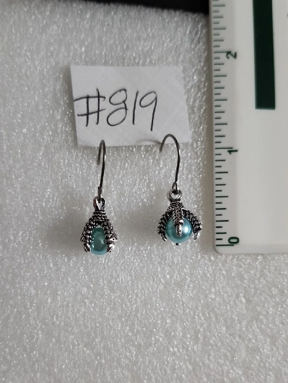 Silver Dragon Claw Drop Earrings with Teal Pearl Accent
